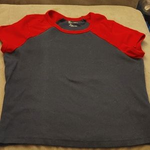 No Boundaries ribbed blue shirt with red short sleeves